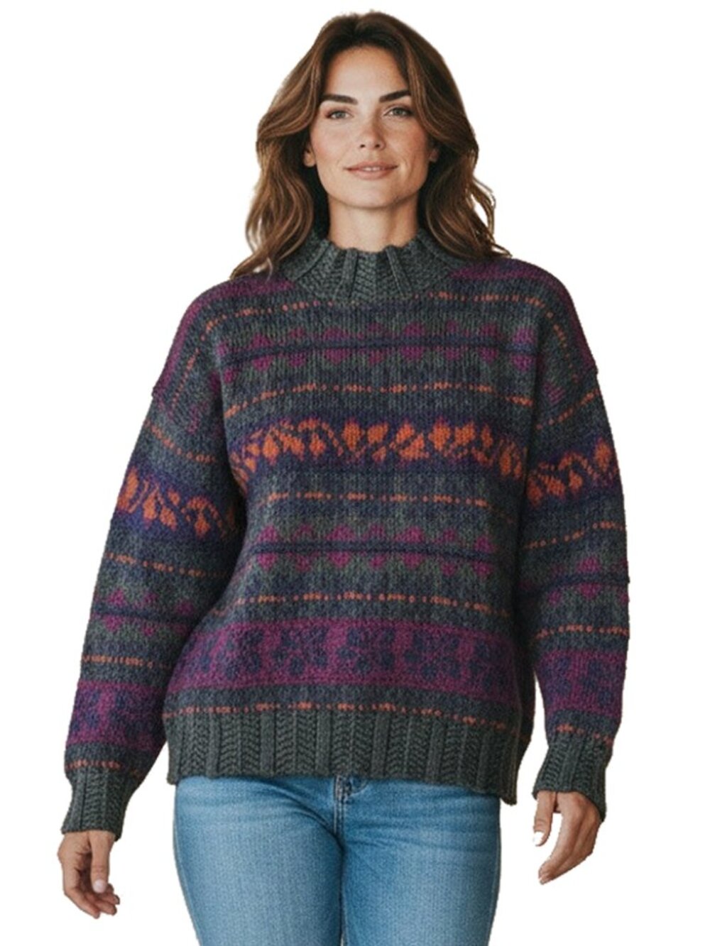 The Lodge Vintage Fair Isle Knit Sweater Mock Neck Green Purple Orange Cotton S